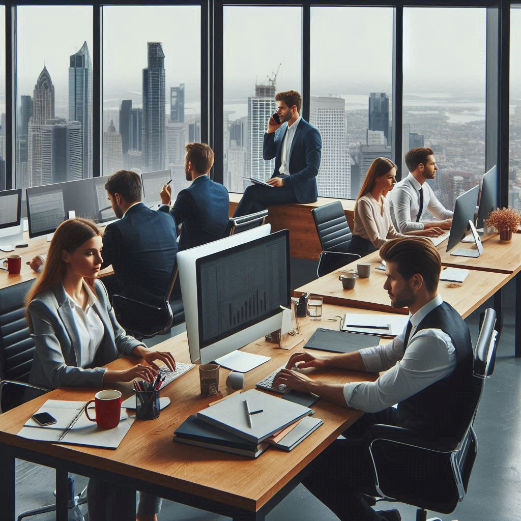 에어컨이 가동 중인 사무실에서 근무하는 직장인들의 모습