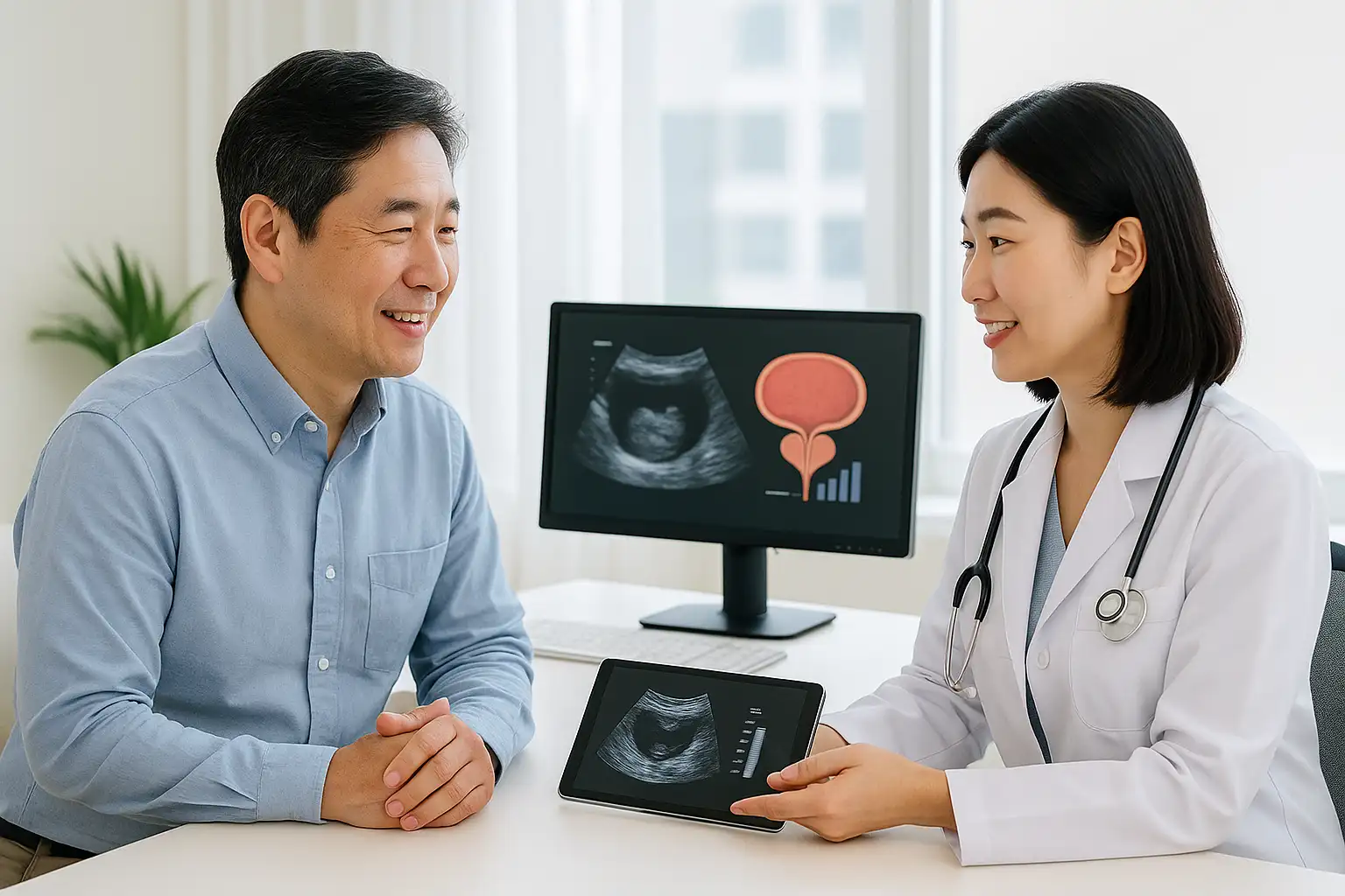 건강검진을 받는 중년 남성, 의사와 전립선 검사 결과를 보며 상담하는 장면