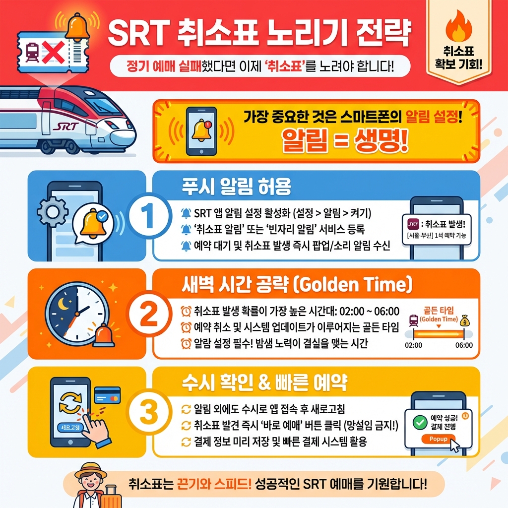 SRT_취소표_노리기_전략_알림설정_골든타임_새벽_요약인포그래픽