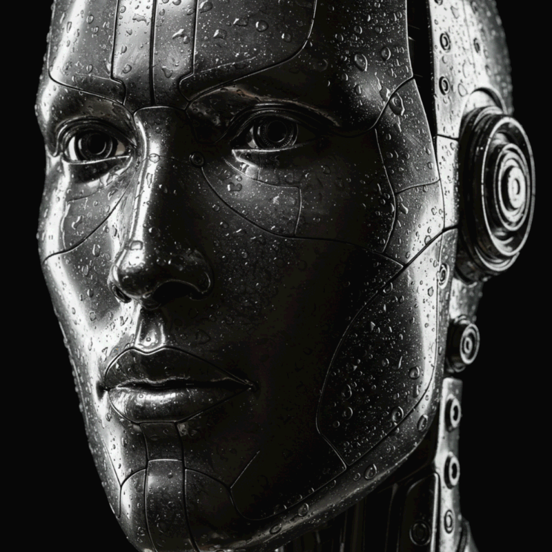 "물방울이 맺힌 금속 로봇 얼굴의 사실적인 클로즈업 이미지"