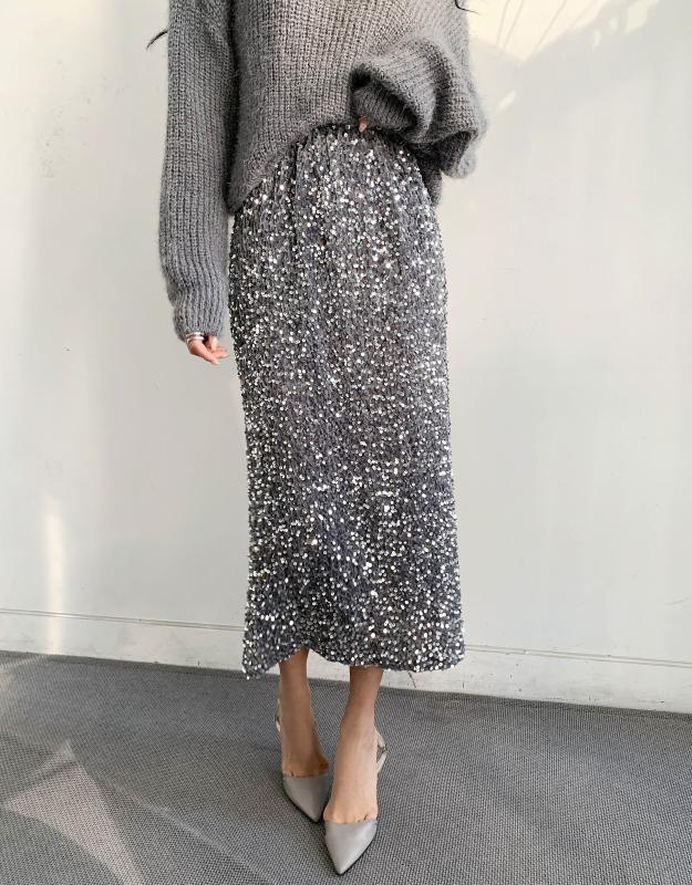 무배허리밴딩 블링블링 조명 스팽글스커트 2col