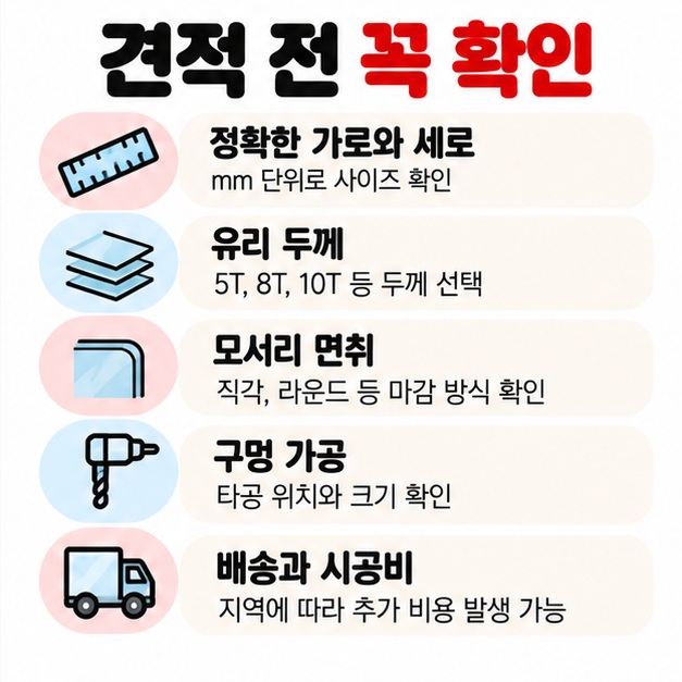 강화유리 견적 전 치수, 두께, 모서리 가공, 타공, 배송과 시공 여부를 확인하는 체크리스트 카드