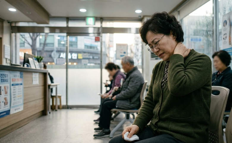 목을 잡고 있는 환자.