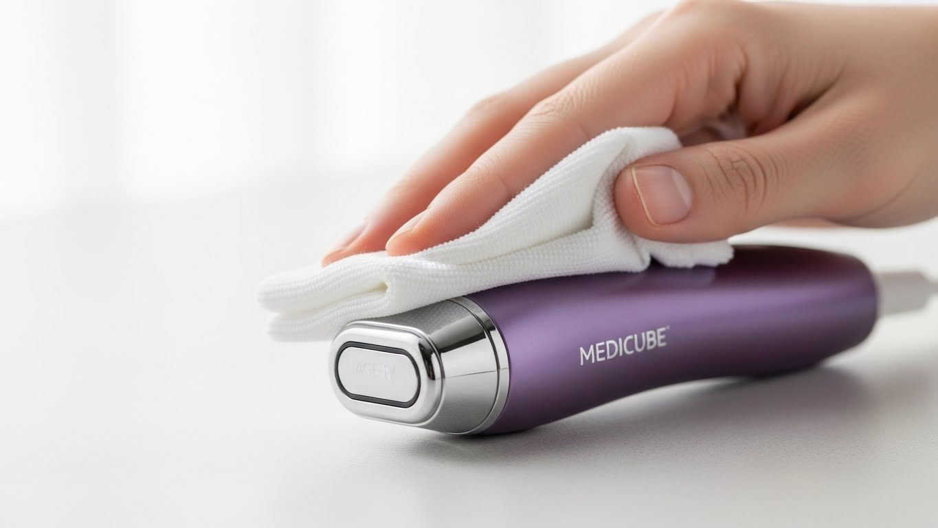 부드럽고 깨끗한 흰색 천으로 매끈한 보라색 톤의 뷰티 디바이스(메디큐브 에이지-R 부스터 프로)의 머리를 부드럽게 닦는 손의 클로즈업 샷입니다.