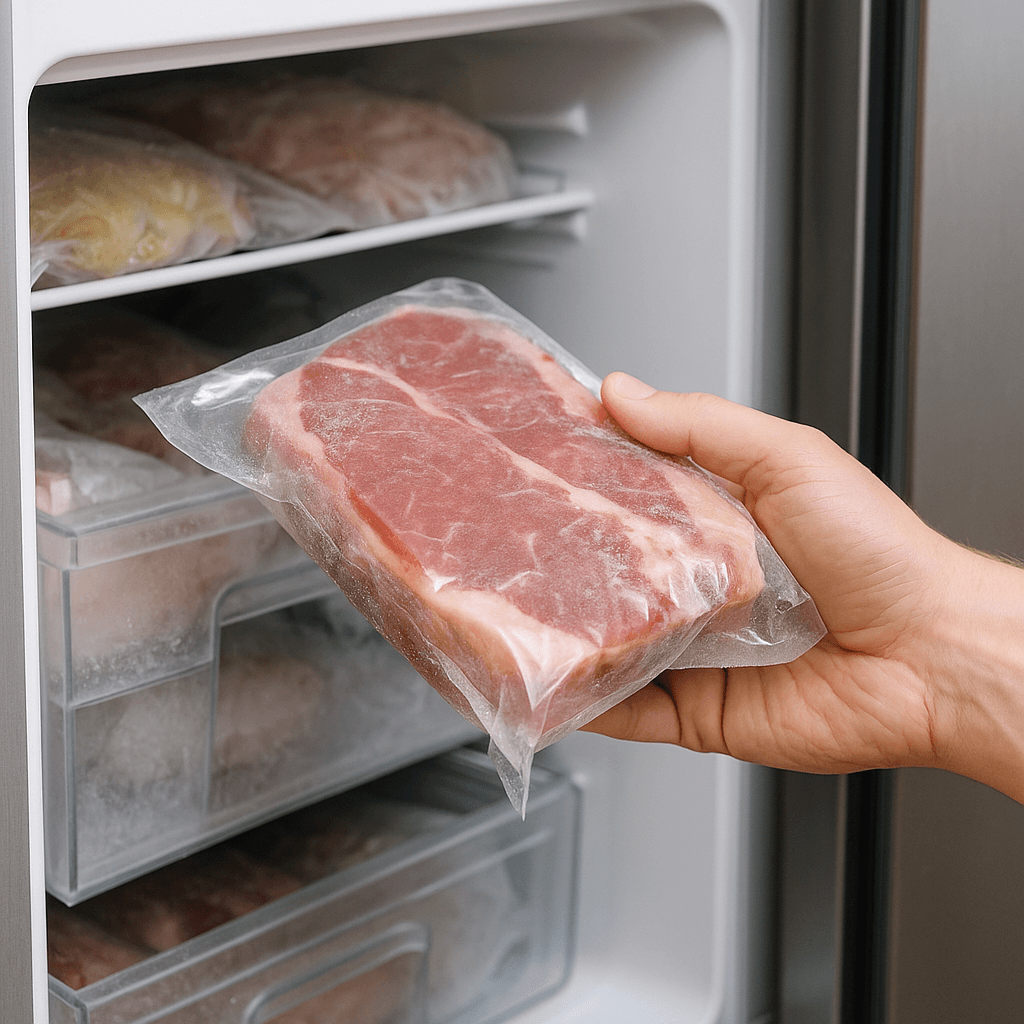 냉동실에 포장된 고기 팩을 다시 넣는 손, 고기 재냉동 보관 장면