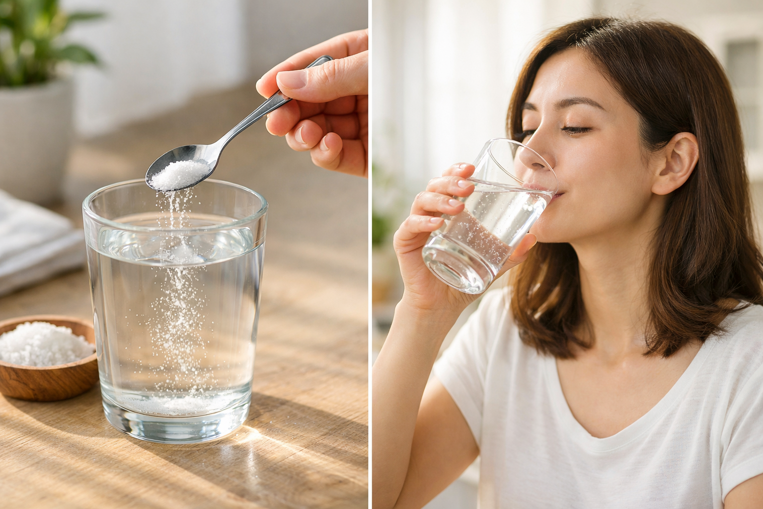 아침 공복에 물에 소금을 소량 넣는 과정과 그 소금물을 마시는 여성이 함께 담긴 이미지