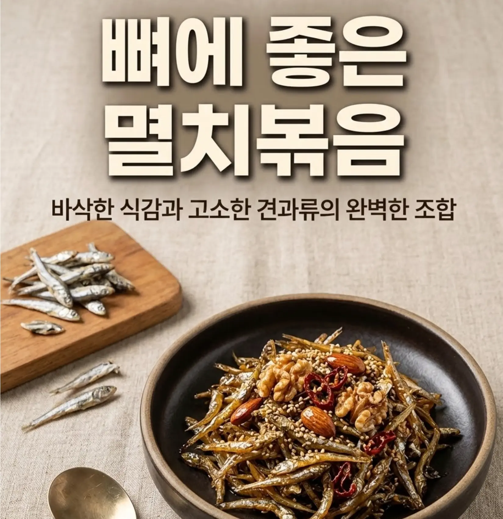 검은 도자기 반찬 그릇에 담긴 윤기 있는 멸치볶음, 호두&middot;아몬드&middot;참깨 고명 올림. 옆에 크기별로 정렬된 마른 멸치와 놋쇠 숟가락이 나무 도마 위에 스타일링된 장면.