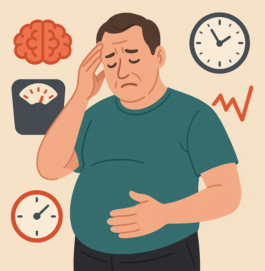 중년 남성이 거울 앞에서 복부를 자가진단하는 장면의 일러스트