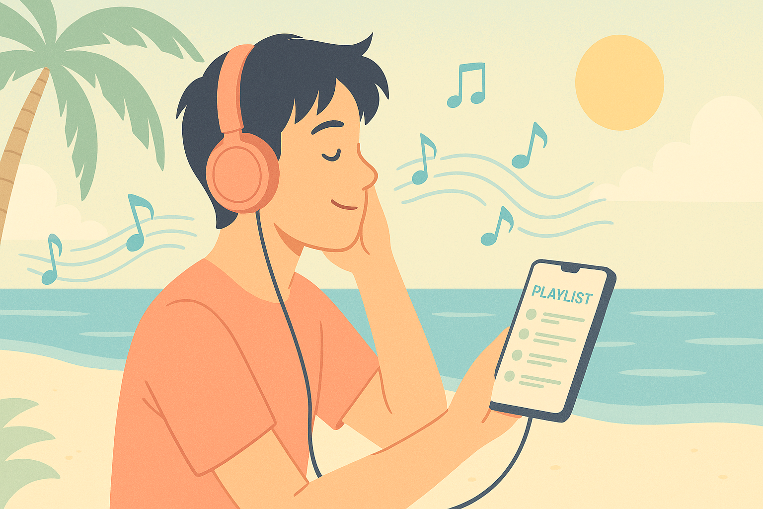 여름 해변가에서 헤드폰을 끼고 음악을 듣는 젊은 사람