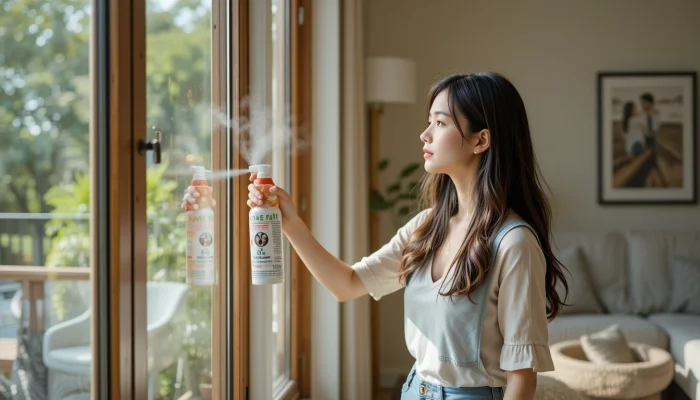 창문 틈에 벌레 퇴치제를 뿌리는 모습