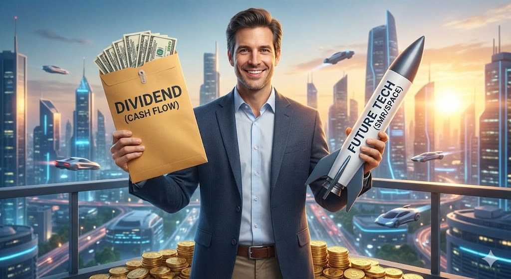 한 손에는 '배당금 봉투(현재)'를, 다른 한 손에는 '로켓(미래 ETF)'을 들고 고민하는 행복한 투자자의 모습