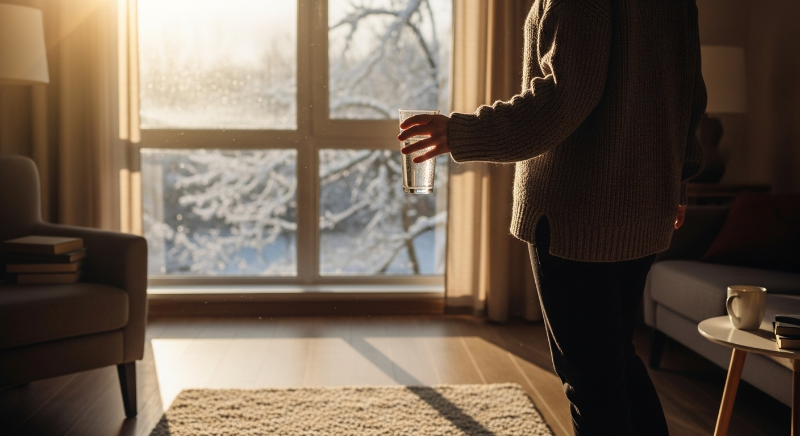 겨울 아침 창가에 서서 따뜻한 햇살을 받으며 물 한 잔의 여유를 즐기는 모습