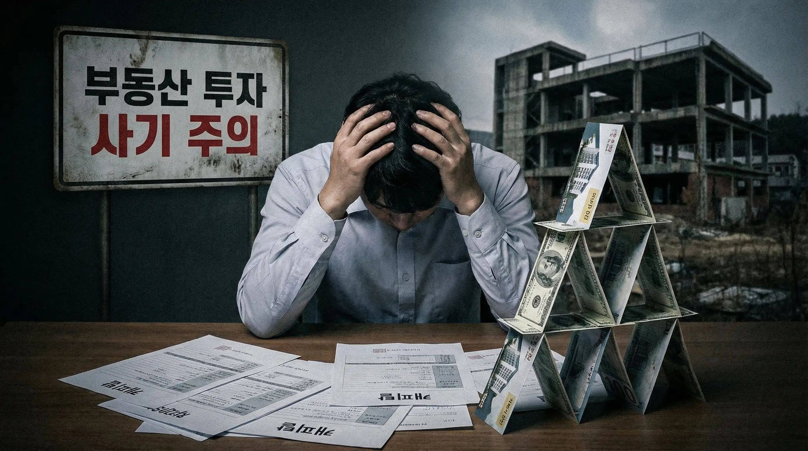 캐피탈 대출금으로 무리한 투자를 시도하다가 부동산 투자 사기에 당할 수 있는 위험성을 경고하는 이미지