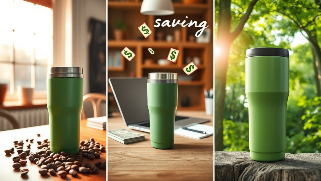 블로그 포스팅에 삽입된 세 장의 이미지가 나란히 배열되어 있다. 각 이미지에는 초록색 텀블러가 다양한 배경에 놓여 있다: 커피콩 위, 노트북 옆으로 'saving' 텍스트와 달러 기호가 떠다니는 모습, 그리고 자연 배경 속.