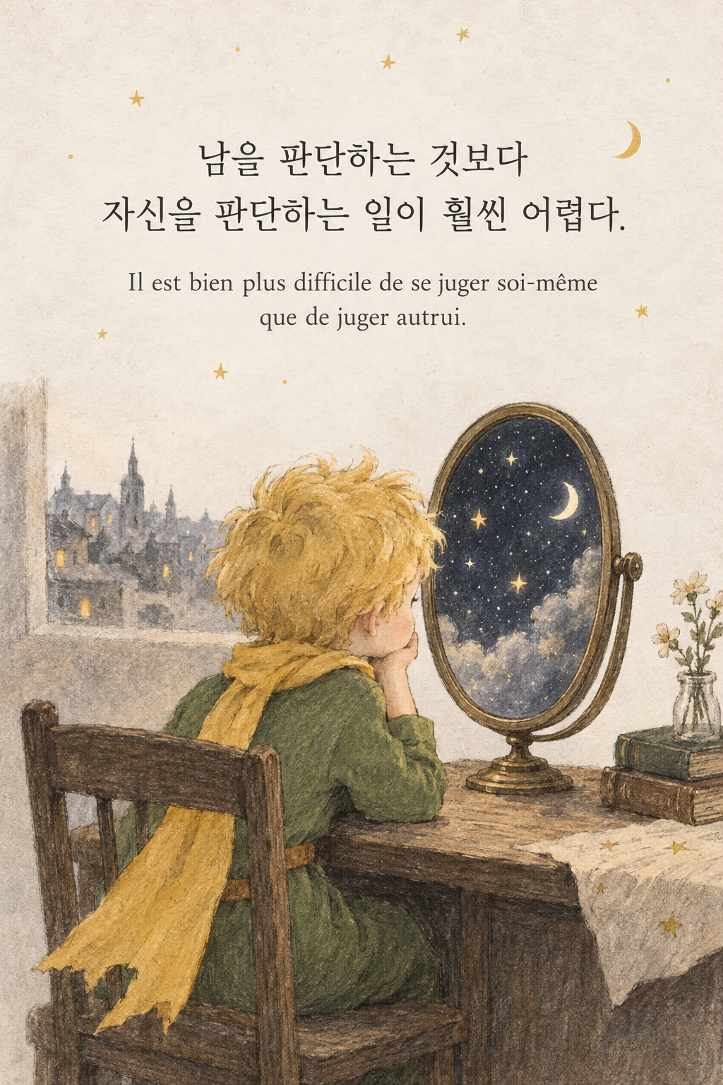 남을 판단하는 것보다 자신을 판단하는 일이 훨씬 어렵다. 프랑스어 원문과 함께 담은 어린 왕자 그림 이미지