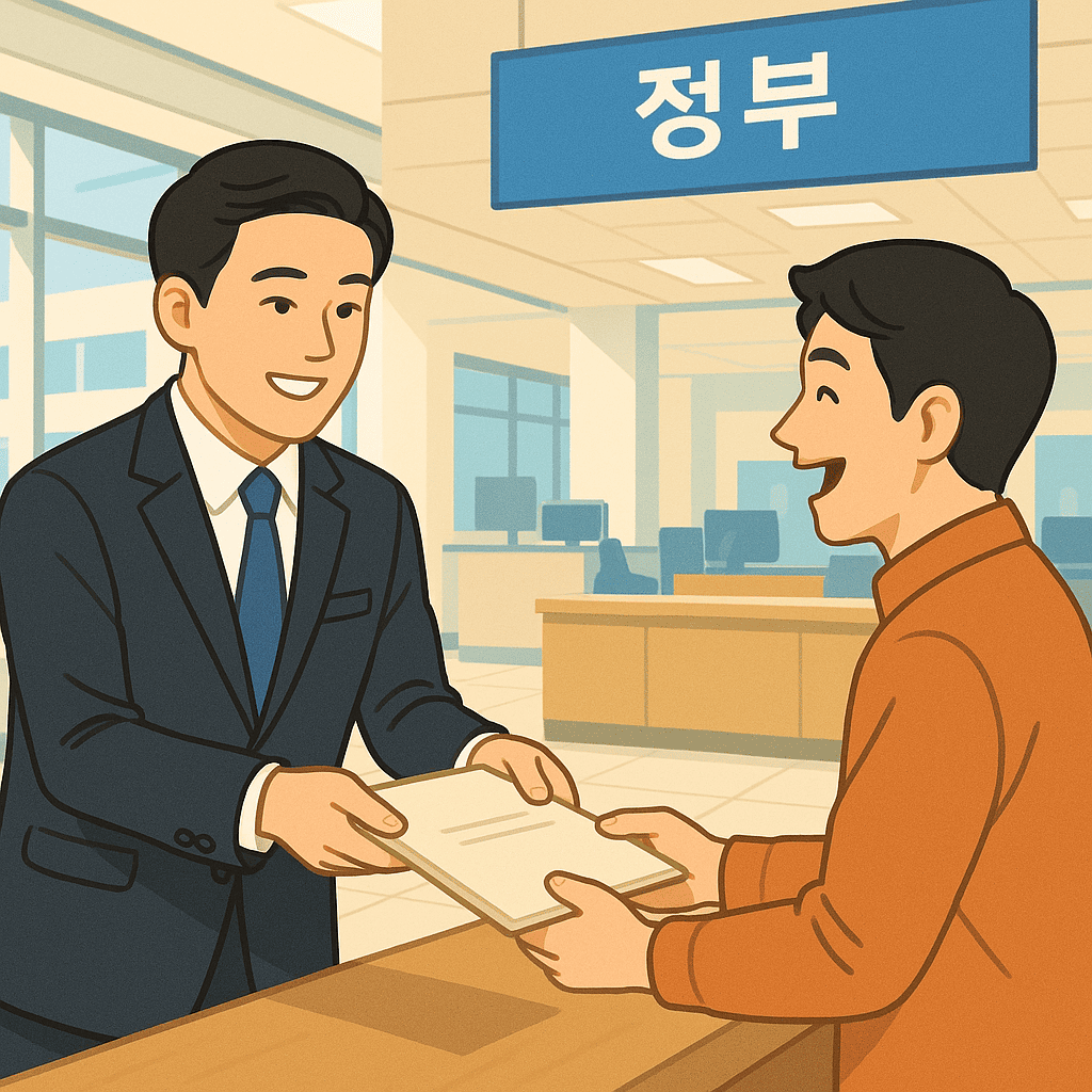 정책지원금을 상담받고 서류를 수령하는 시민의 모습