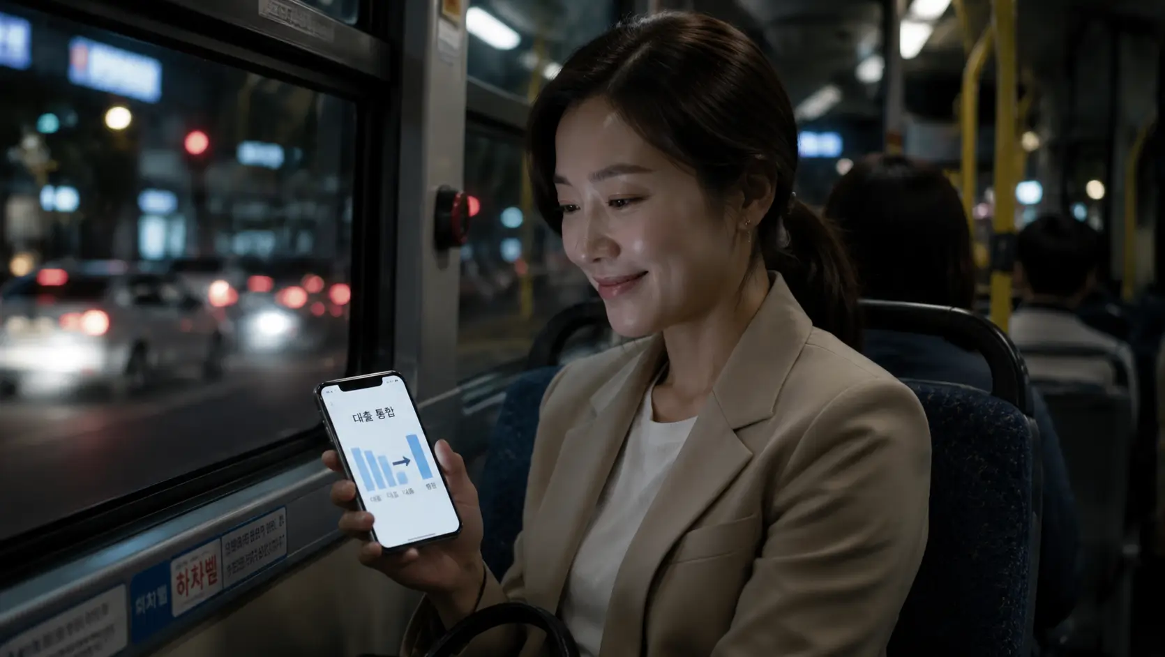 퇴근길 버스 창가 자리에 앉아 스마트폰 뱅킹 앱에 하나로 합쳐진 대환 완료 막대그래프를 보며 안도하는 30대 여성