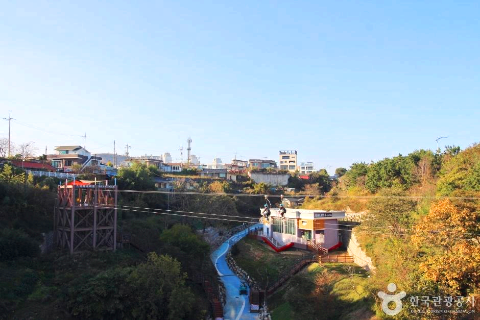2명의 사람이 공중사이클을 타고 있다.