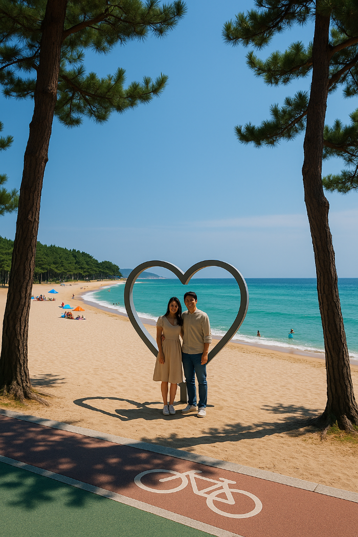 해변에서 커플 사진