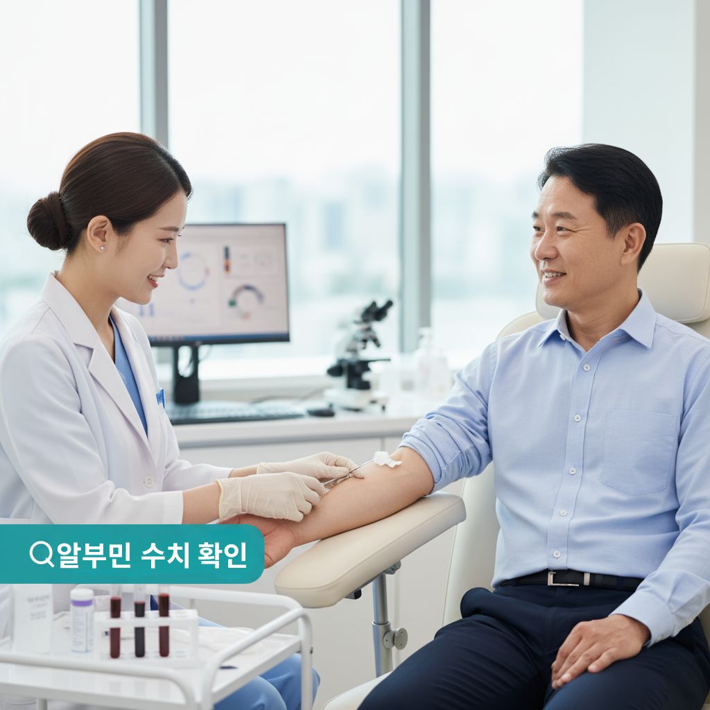 병원에서 의사가 중년 여성의 알부민 수치를 혈액검사로 확인하는 장면