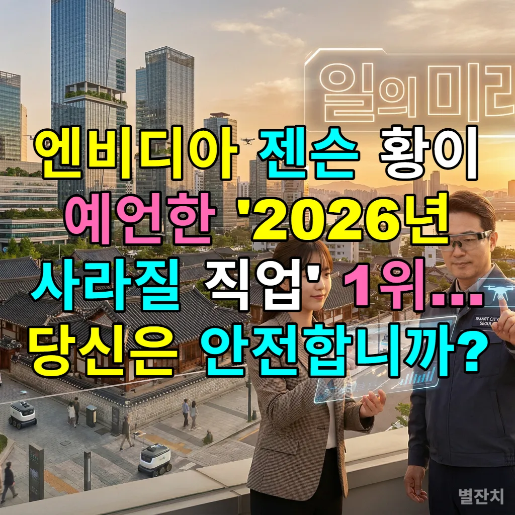 2026년 서울의 미래 업무 환경, AI 홀로그램 인터페이스를 사용하는 한국 직장인들과 첨단 도시 배경