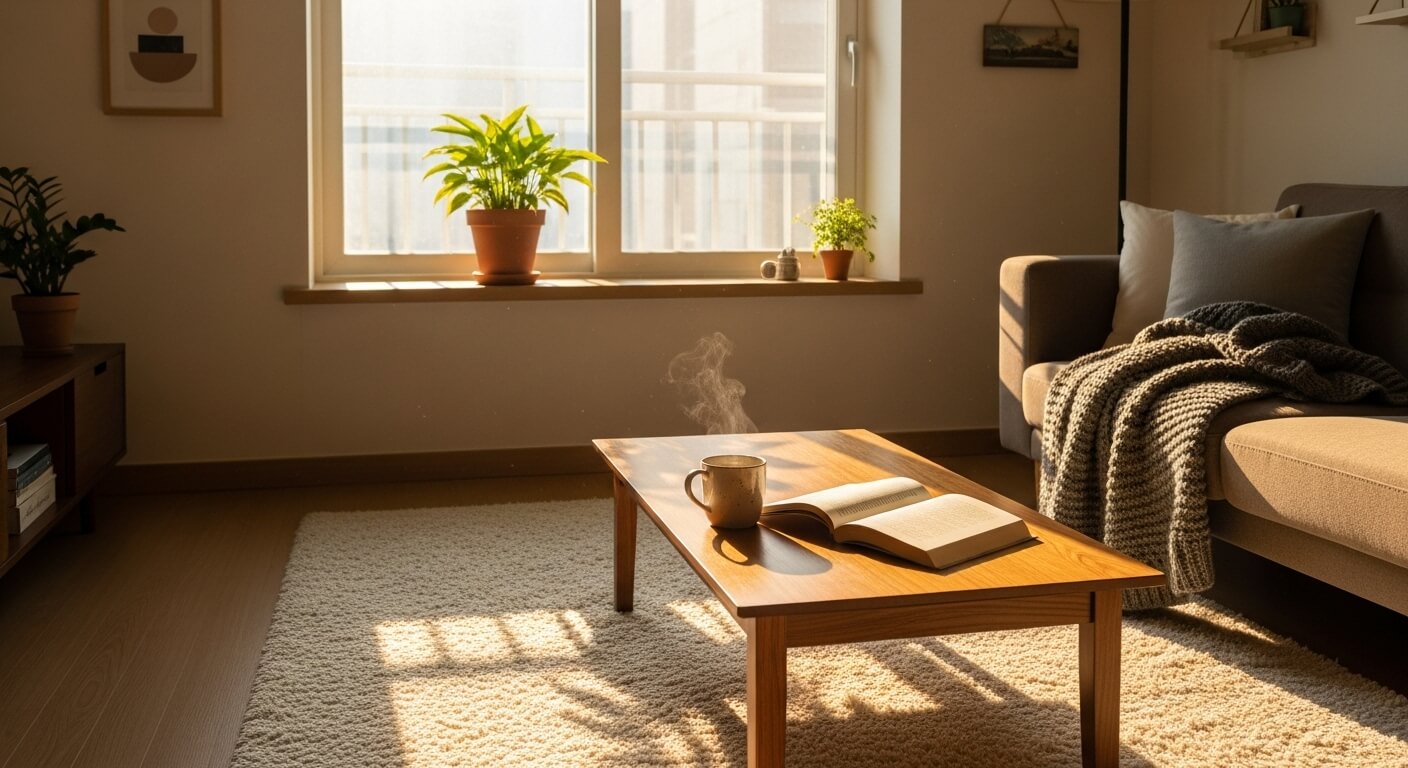 겨울 햇살이 따뜻하게 들어오는 한국 아파트 거실. 테이블 위에는 따뜻한 음료와 책이 놓여 있고, 창가에는 초록 식물이 놓여 있어 포근한 일상 분위기를 만드는 실내 공간.