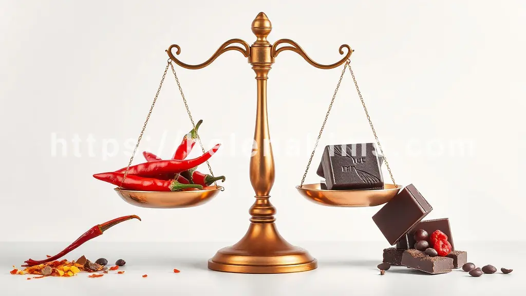 한쪽 접시에는 강렬한 붉은색의 매운 고추와 섬세한 칠리 플레이크가, 다른 한쪽 접시에는 윤기 흐르는 꿀이나 달콤한 베리류, 또는 예술적으로 배치된 다크 초콜릿 조각이 조심스럽게 올려져 균형을 이루고 있다.