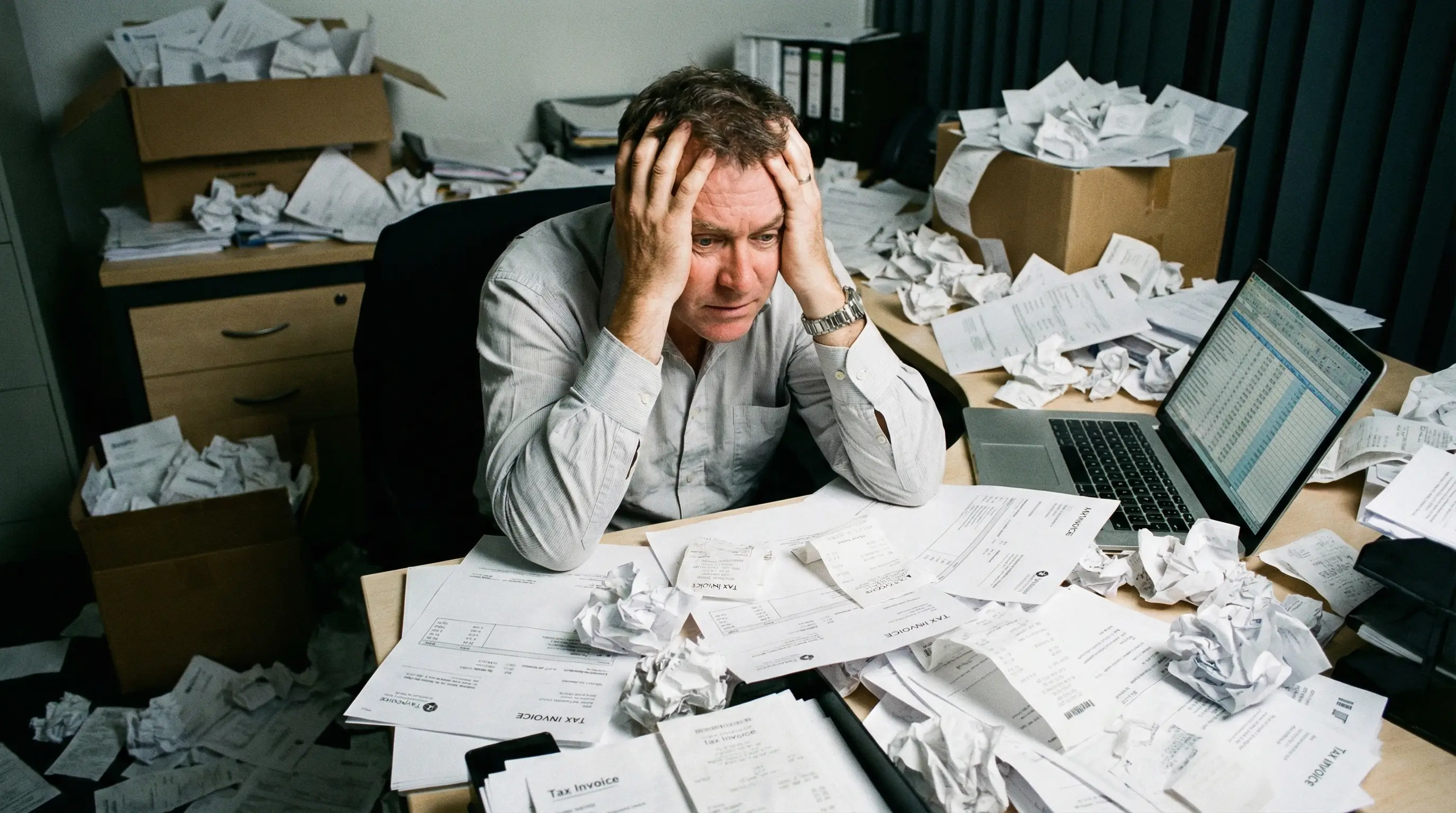 어지럽게 널린 영수증과 세금계산서 사이에서 머리를 감싸 쥐고 고민하는 법인 대표의 모습