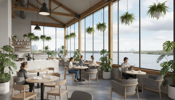 통유리창 너머로 북한강 리버뷰가 펼쳐지는 남양주 대형 카페의 실내 모습