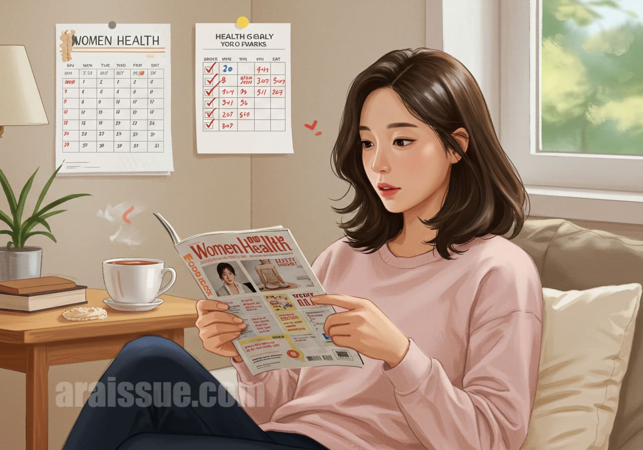 30대 후반 한국 여성이 자궁 건강을 위해 매거진을 읽으며 일상 루틴을 계획하는 따뜻한 분위기의 이미지입니다.