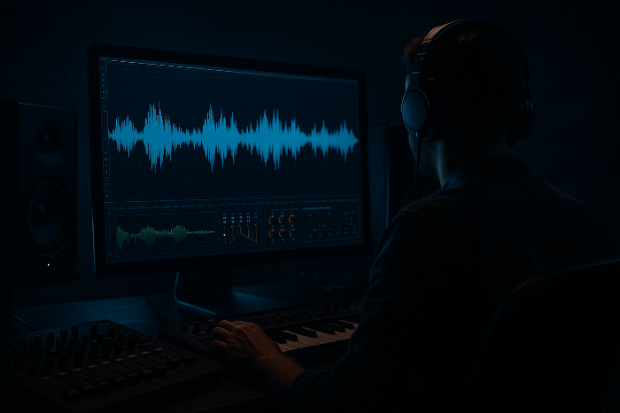 사운드를 데이터로 분석하는 프로듀서의 화면