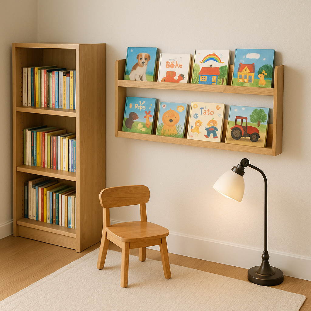 책장 옆에 조명과 의자가 배치된 독서 공간