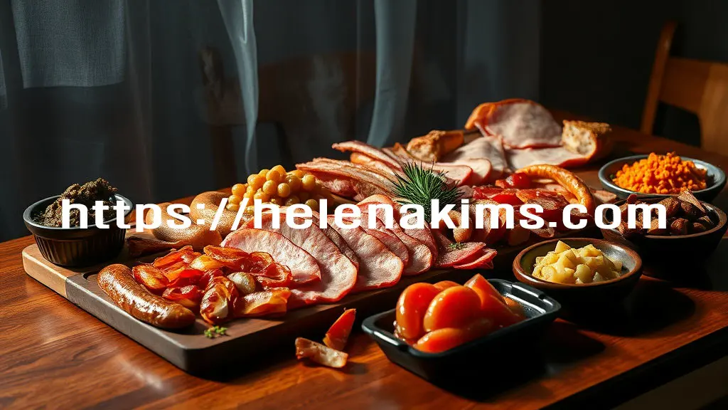 식탁 위에 가공육인 햄과 짱아치, 젓갈 등이 가득 놓인 이미지.