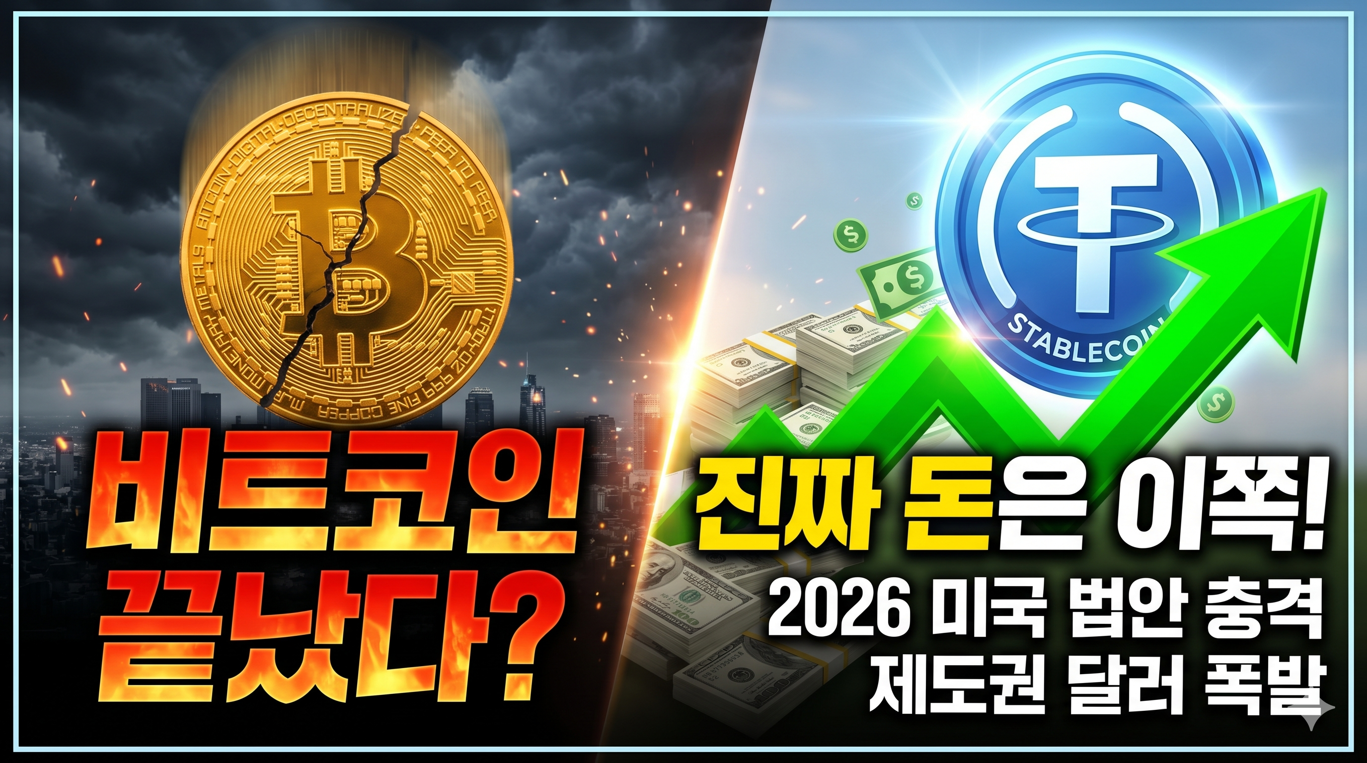 2026년 미국 스테이블코인 법안 충격으로 갈라진 비트코인(좌)과 급상승하는 스테이블코인 및 달러 뭉치(우)의 대조적인 모습을 담은 클릭 유도 썸네일. '비트코인 끝났다?'라는 붉은색 텍스트와 '진짜 돈은 이쪽!'이라는 노란색 강조 텍스트가 적혀 있어, 암호화폐 시장의 규제 영향과 새로운 투자처를 암시함.