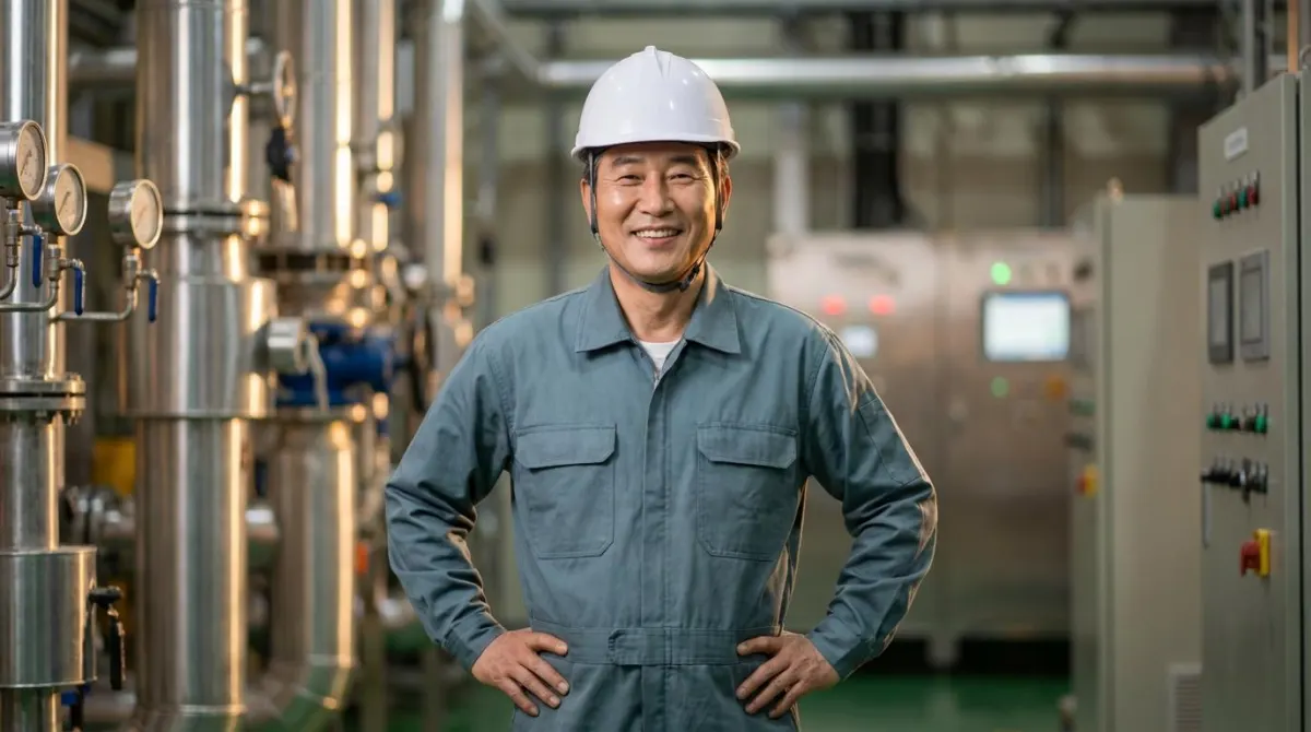 작업복과 안전모를 착용하고 현장에서 자신감 있게 환한 미소를 짓고 있는 중장년 남성