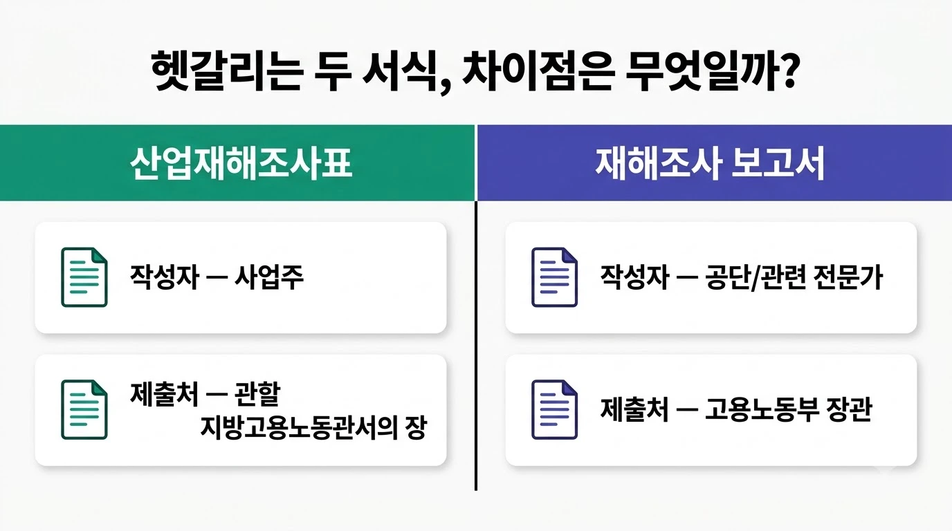 산업재해조사표와 재해조사보고서의 작성 주체와 제출처를 나란히 비교한 이미지