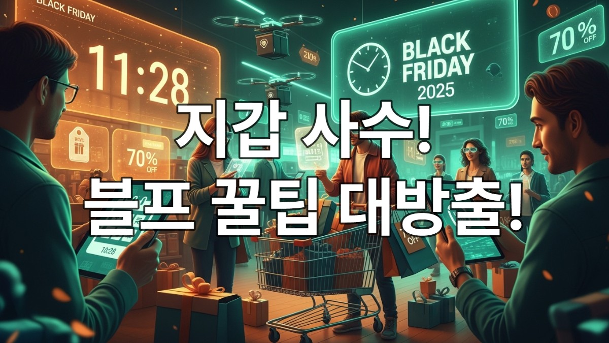 2025년 블랙프라이데이 쇼핑 시즌, 소비자들이 스마트폰과 노트북으로 온라인 쇼핑을 하거나 상점에서 상품을 고르는 역동적인 모습. D-Day 전략과 할인율을 나타내는 그래픽 요소들이 조화롭게 배치되어 성공적인 쇼핑을 상징함.