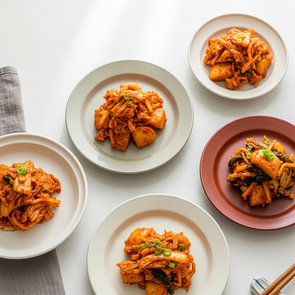 자취생도 쉽게 만들 수 있는 감치(감자+김치) 활용 초간단 레시피 5가지가 먹음직스럽게 담긴 테이블. 신선하고 다채로운 색감.