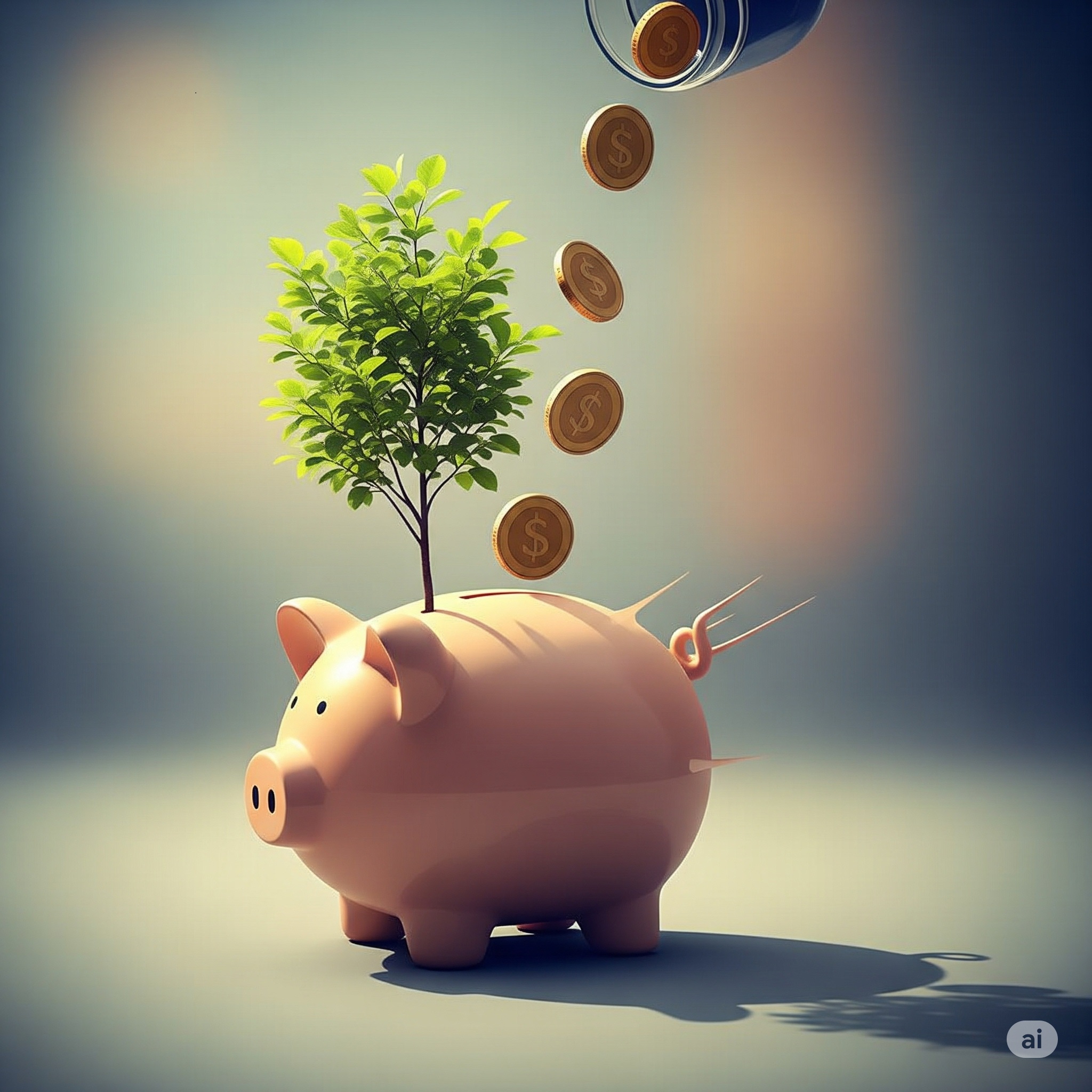 절약한 돈이 돼지 저금통에 모이는 모습