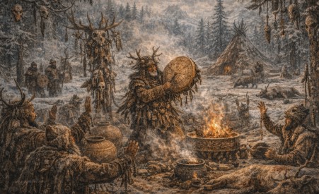 설원과 숲을 배경으로 전통 의복을 입은 고대 시베리아 사람들.