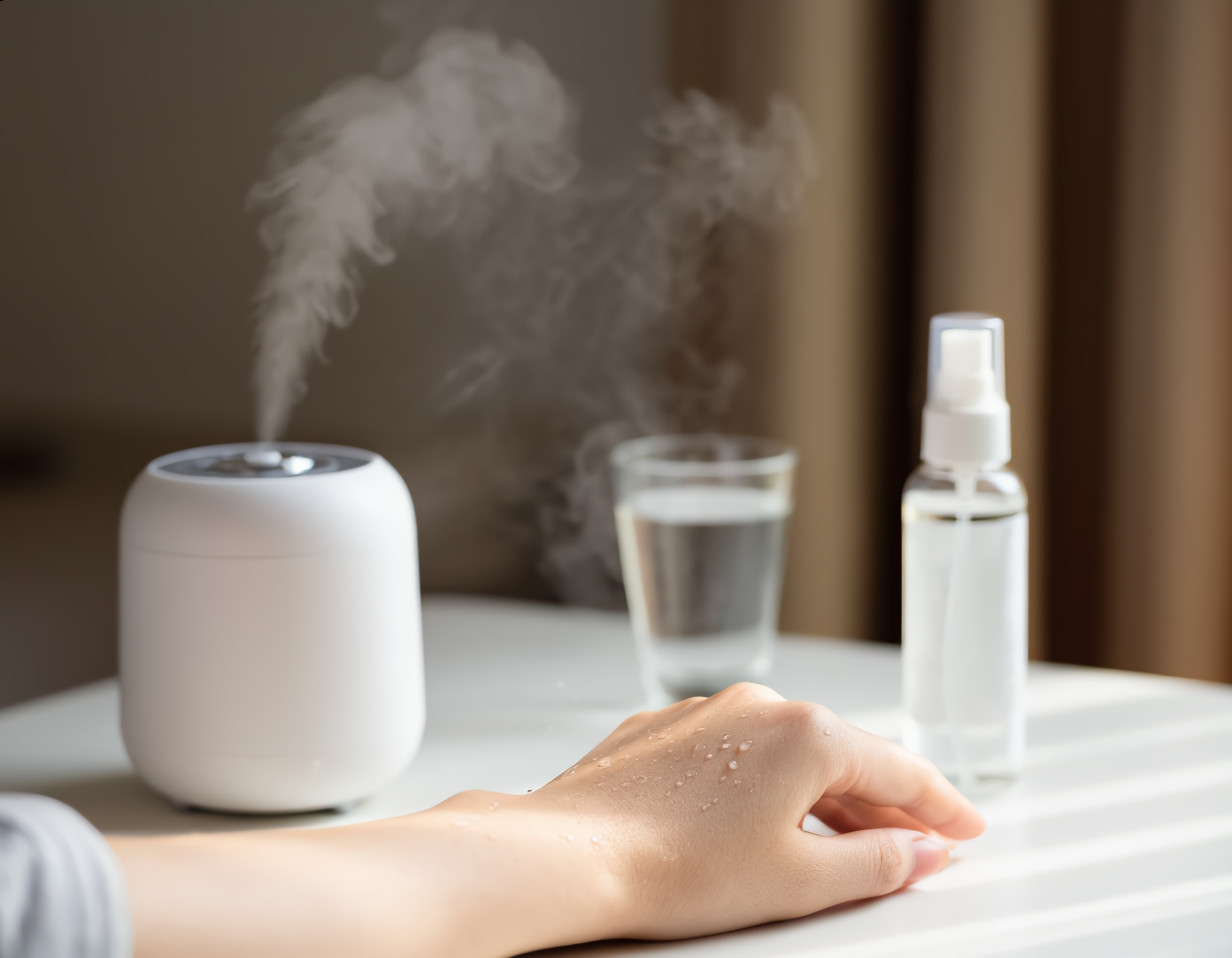 책상 위 가습기, 물 한 잔, 보습 미스트, 촉촉해 보이는 피부 질감 클로즈업
