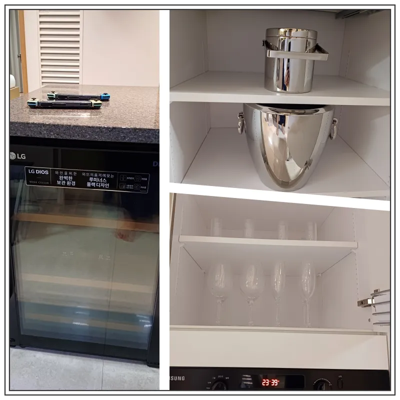 왼쪽에-와인저장고-사진-오른쪽에-와인-얼음통-아이스버킷-와인잔이-있는-사진