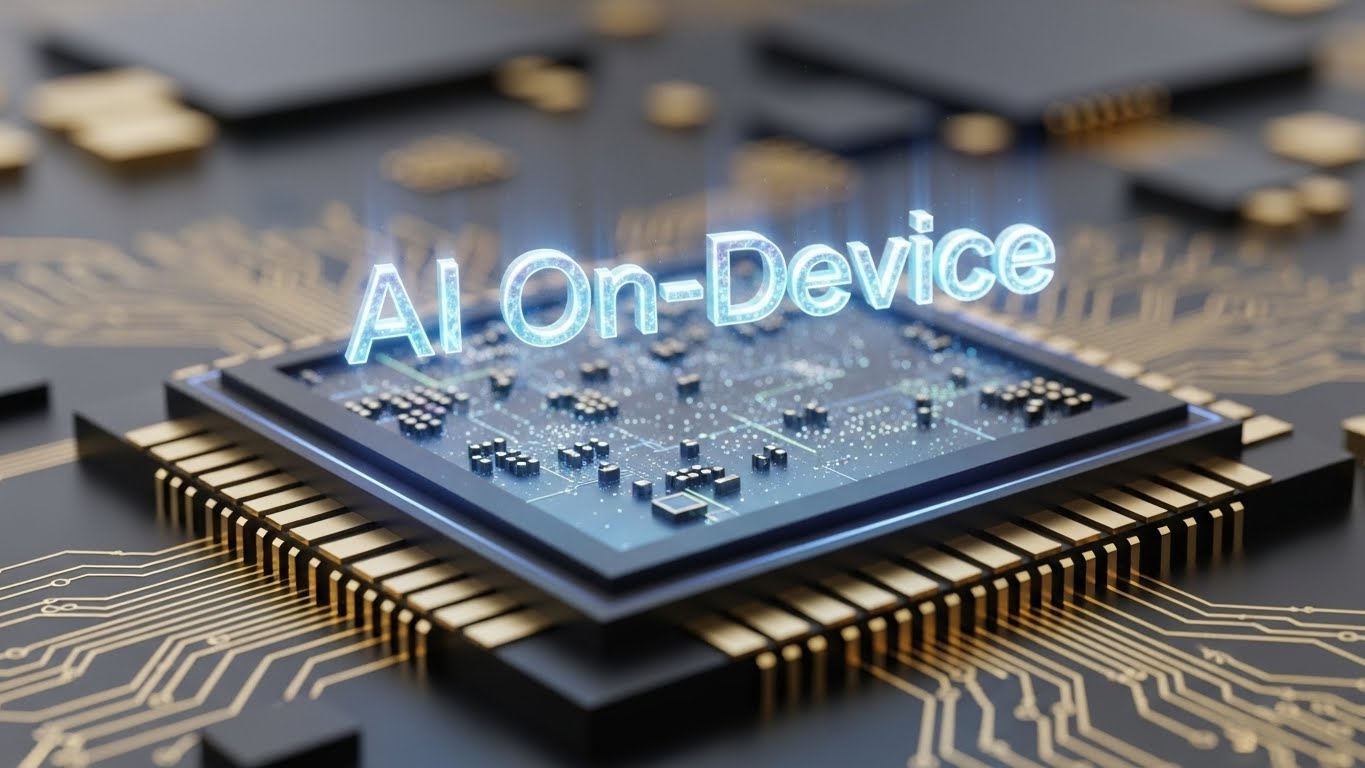 Close-up of a smartphone chip with AI On-Device holographic text floating above it.