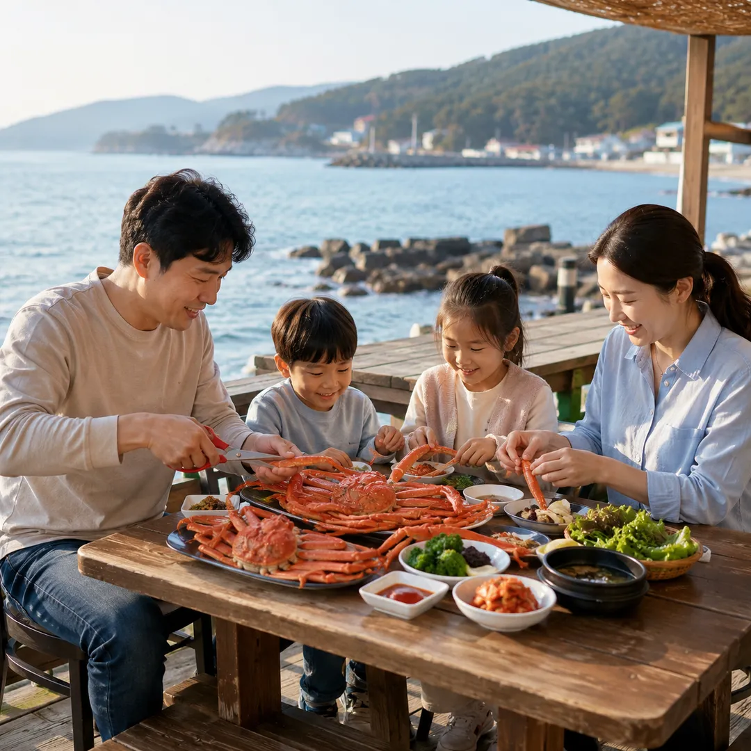 바닷가 식당에서 붉은대게를 즐기는 가족