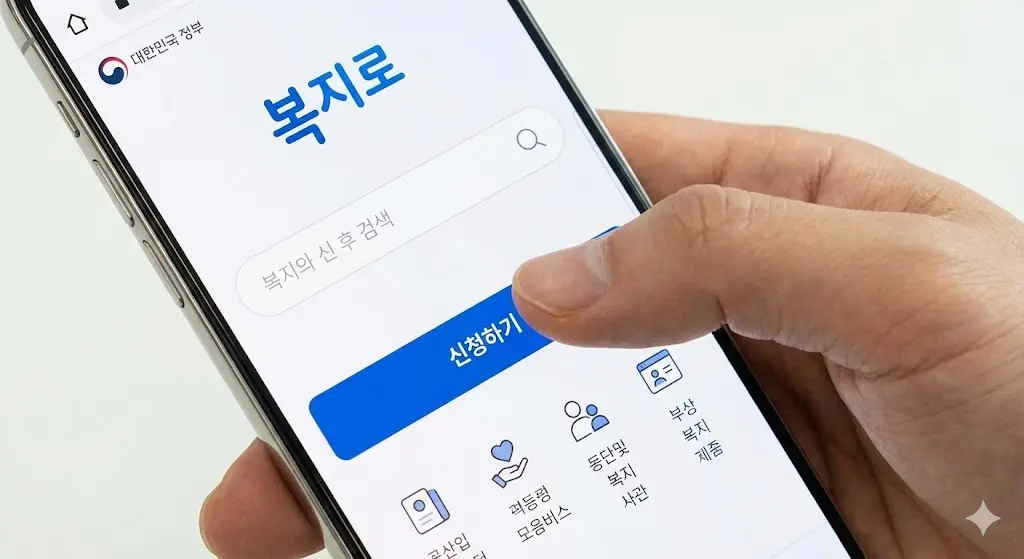 스마트폰으로 복지로 앱을 실행하여 신청 버튼을 누르는 손