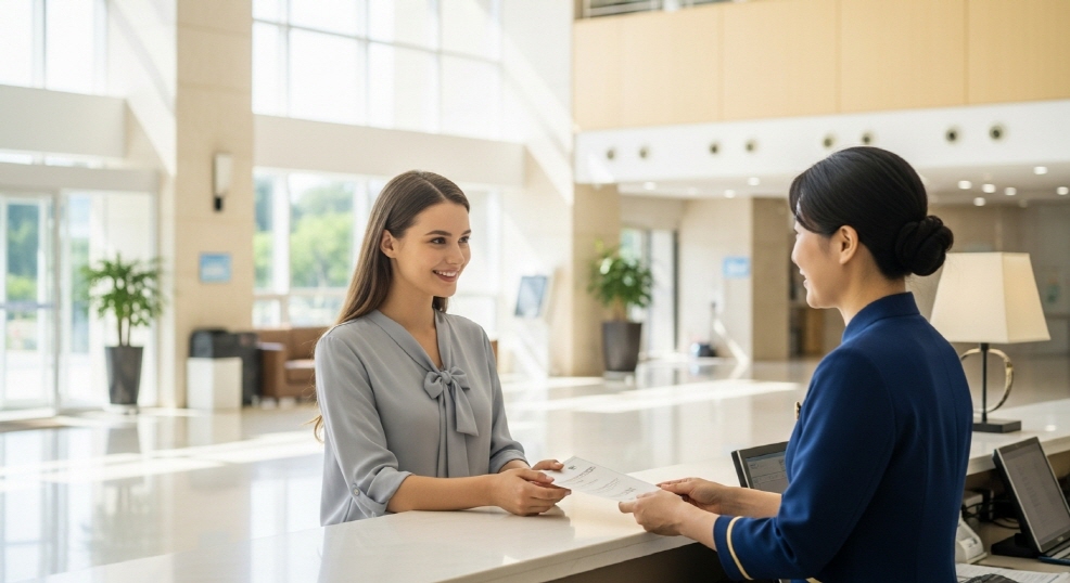 호텔 로비 체크인 장면