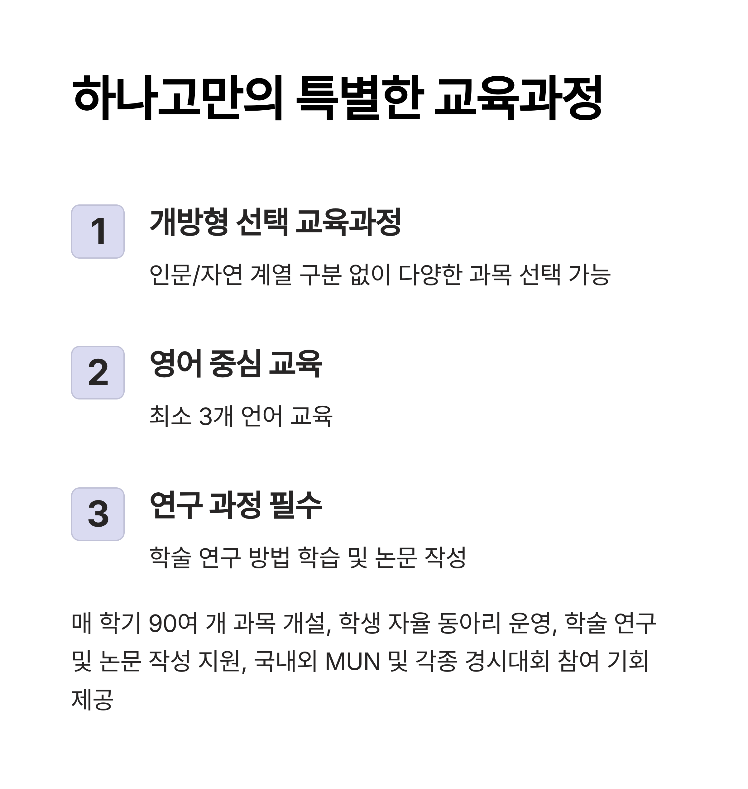 "하나고 특별 교육과정 – 개방형 선택 교육과정, 영어 중심 교육, 연구 과정 필수 프로그램 소개"