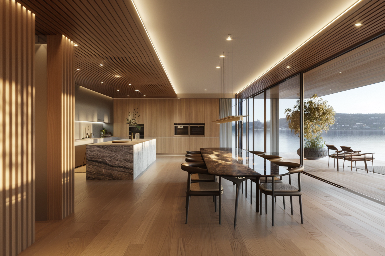 넓은 거실과 다이닝, 주방이 일체형으로 연결되고 천장 코브 조명이 켜진 상태에서 통창 너머로 호수 풍경이 보이는 와이드 레이아웃 장면