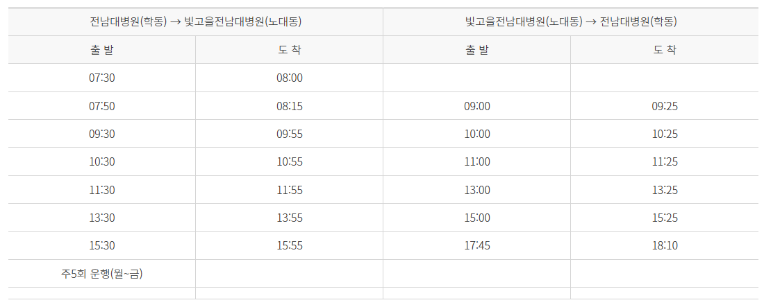 전남대병원(학동)↔ 빛고을전남대병원(노대동) 셔틀버스 운행 정보