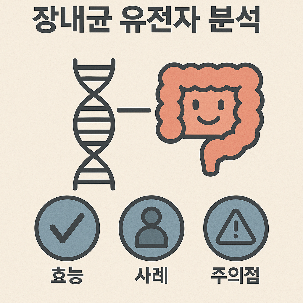 장내 미생물 유전자 분석 리포트를 설명하는 과학적 이미지. 개인 맞춤 치료와 데이터 활용 시각화.